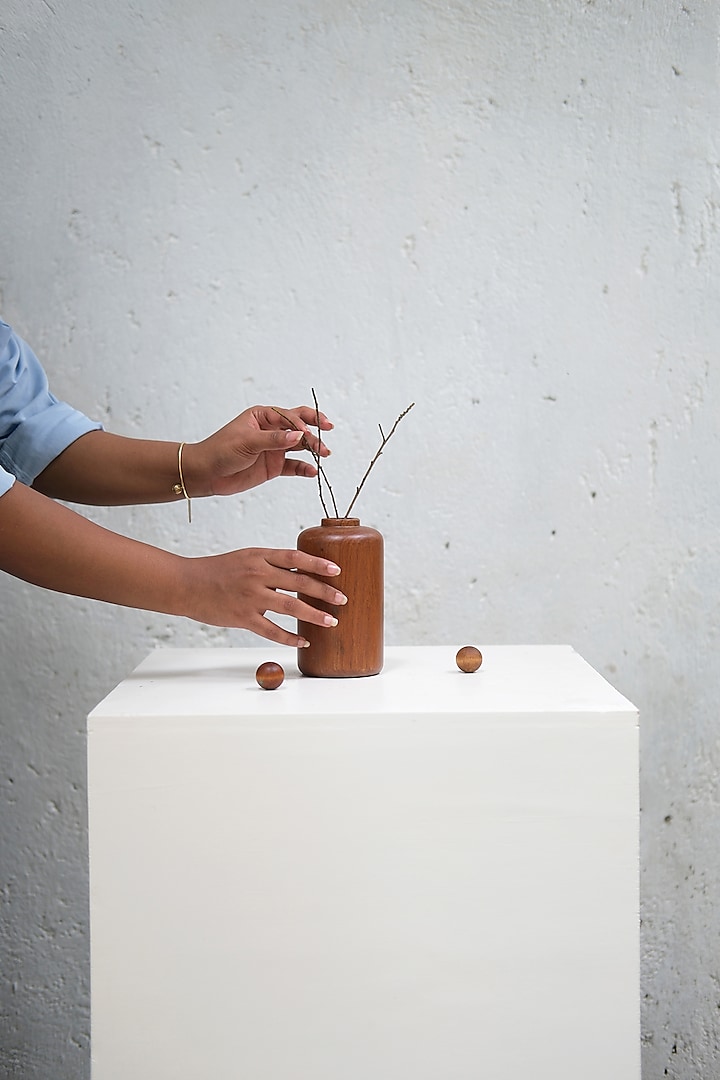 Brown Reclaimed Teak Wood Minimal Vase by Studio Indigene