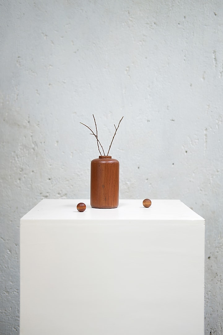 Brown Reclaimed Teak Wood Minimal Vase by Studio Indigene at Pernia's Pop Up Shop