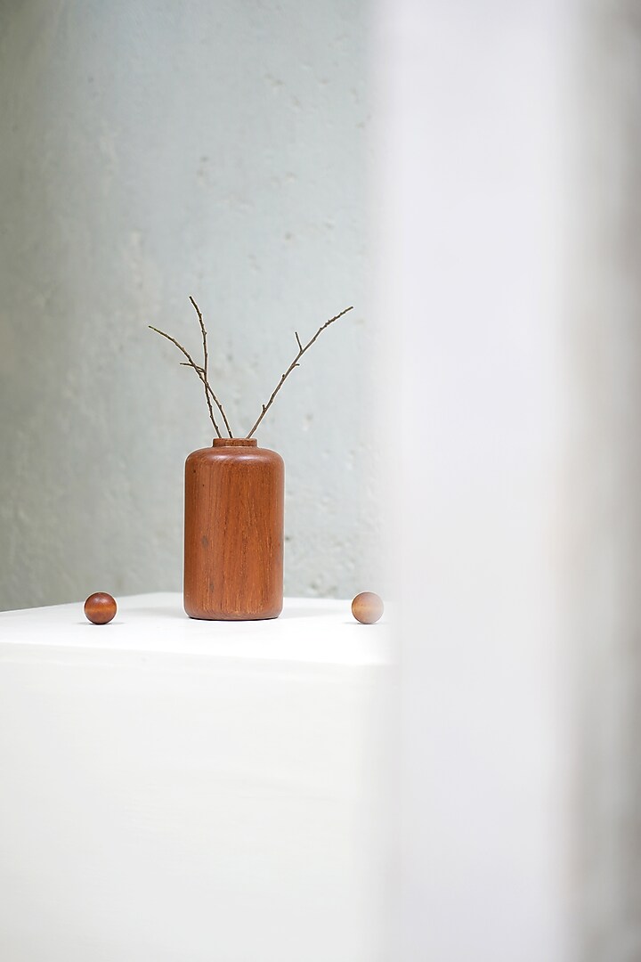 Brown Reclaimed Teak Wood Minimal Vase by Studio Indigene at Pernia's Pop Up Shop