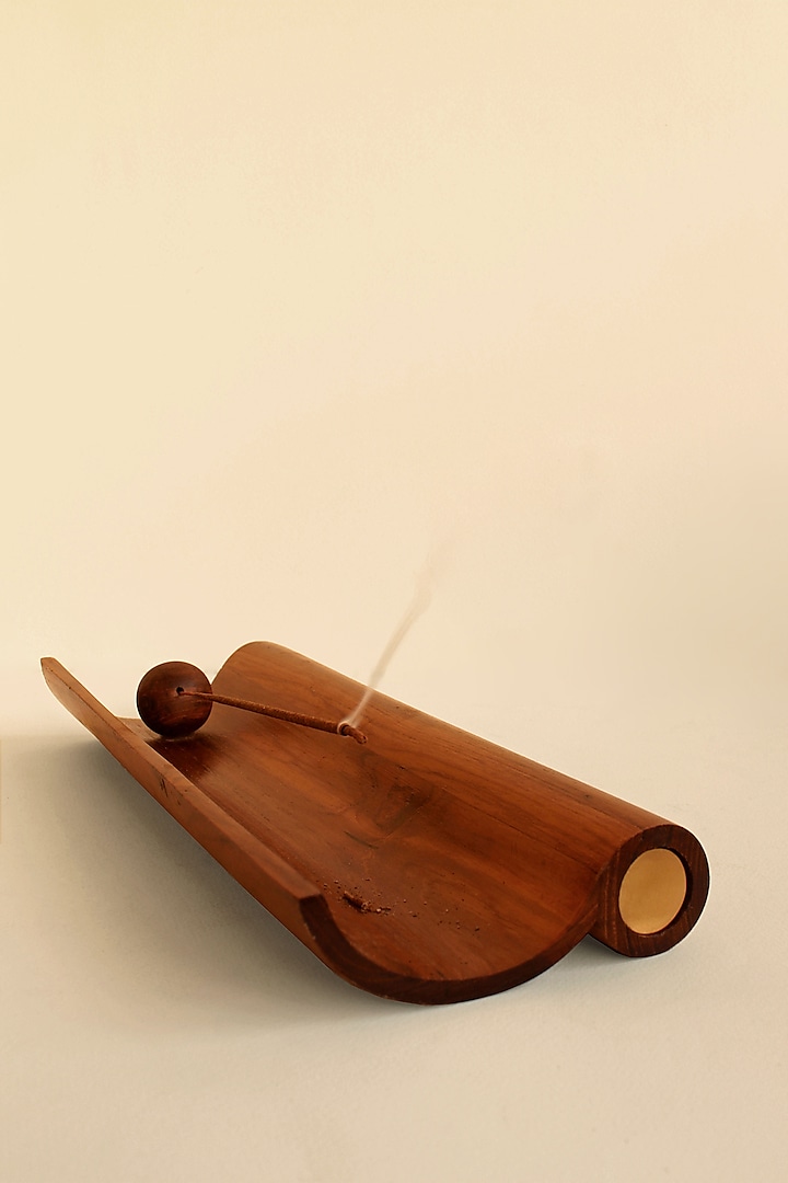 Brown Reclaimed Weak Wood & Brass Incense Holder by Studio Indigene