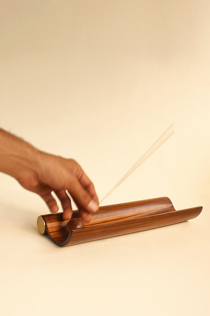 Brown Reclaimed Weak Wood & Brass Incense Holder by Studio Indigene at Pernia's Pop Up Shop