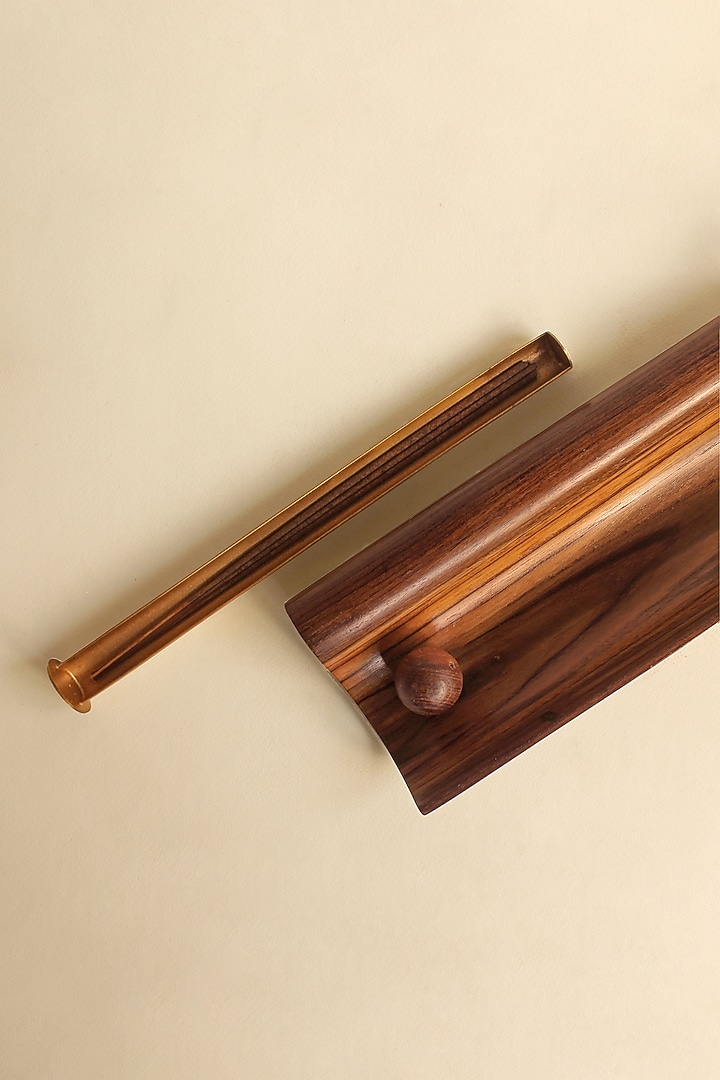 Brown Reclaimed Weak Wood & Brass Incense Holder by Studio Indigene at Pernia's Pop Up Shop