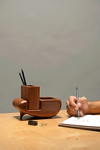 Brown Reclaimed Teak Wood Desk Organiser by Studio Indigene