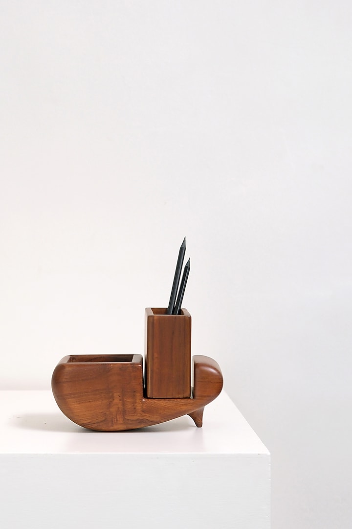 Brown Reclaimed Teak Wood Desk Organiser by Studio Indigene at Pernia's Pop Up Shop