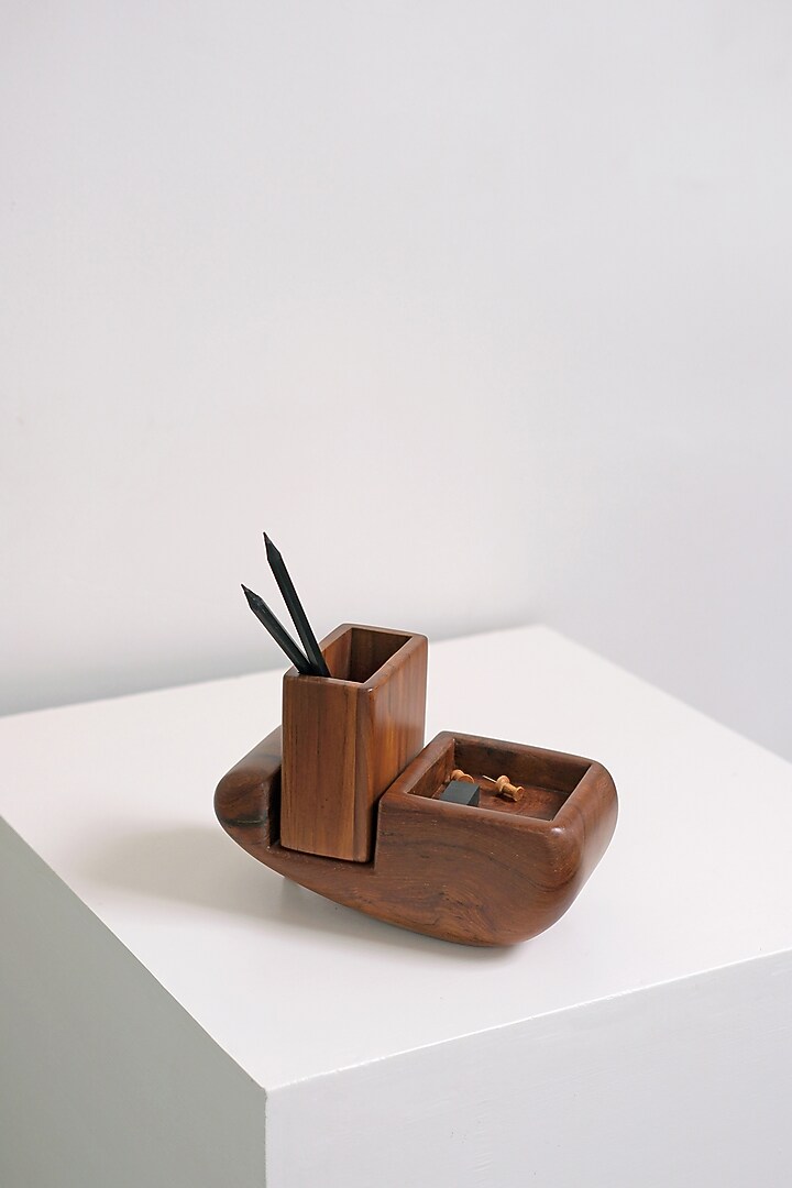 Brown Reclaimed Teak Wood Desk Organiser by Studio Indigene at Pernia's Pop Up Shop