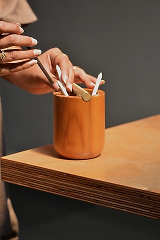 Brown Reclaimed Teak Wood & Brass Desk Organiser by Studio Indigene