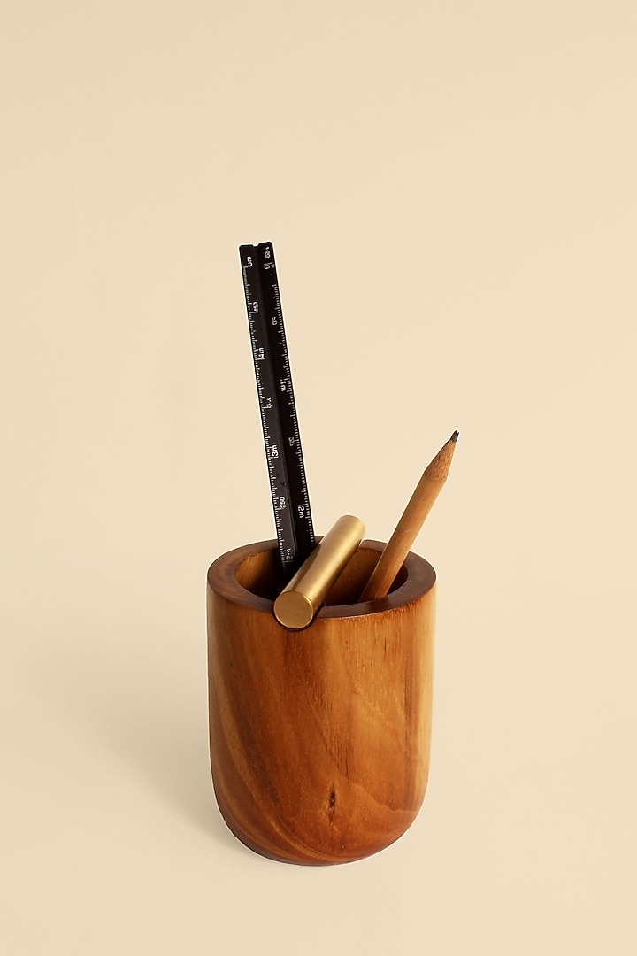 Brown Reclaimed Teak Wood & Brass Desk Organiser by Studio Indigene at Pernia's Pop Up Shop