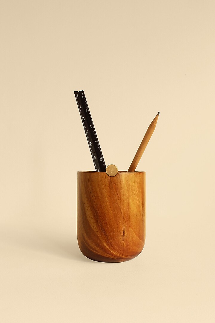 Brown Reclaimed Teak Wood & Brass Desk Organiser by Studio Indigene at Pernia's Pop Up Shop