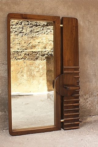 Brown Reclaimed Teak Wood & Brass Wall Mirror by Studio Indigene