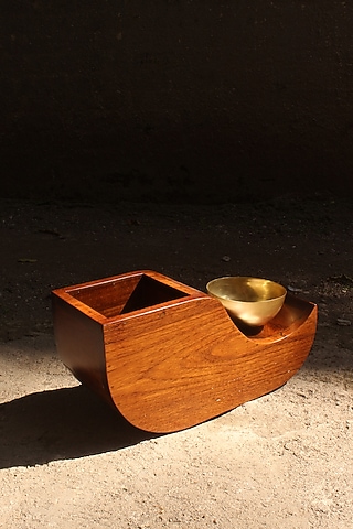 Brown Reclaimed Teak Wood & Brass Planter by Studio Indigene