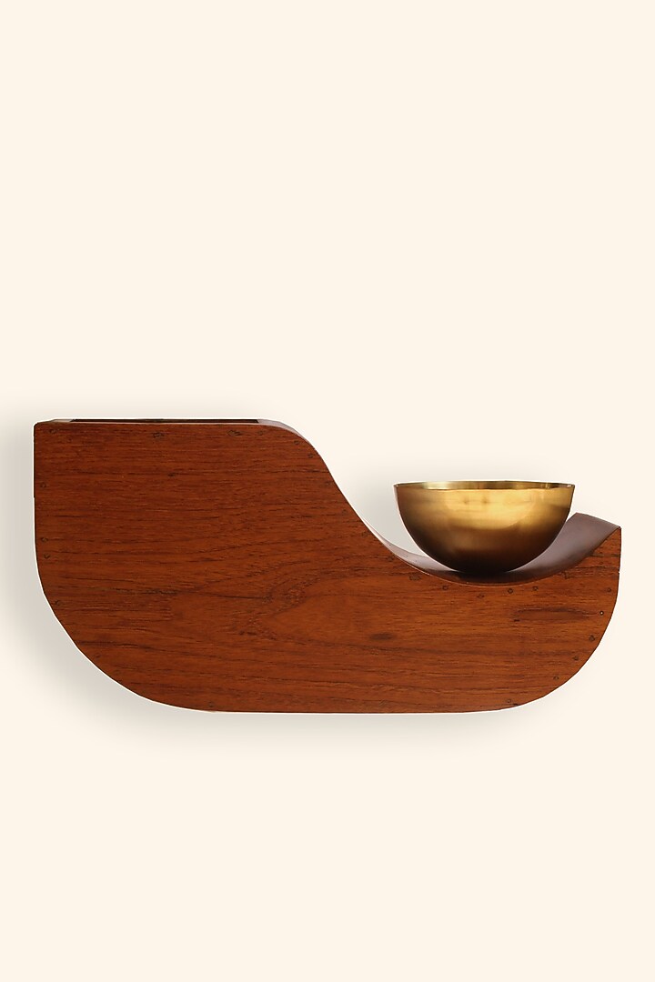Brown Reclaimed Teak Wood & Brass Planter by Studio Indigene at Pernia's Pop Up Shop