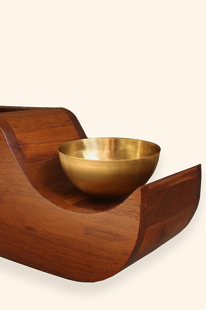 Brown Reclaimed Teak Wood & Brass Planter by Studio Indigene at Pernia's Pop Up Shop