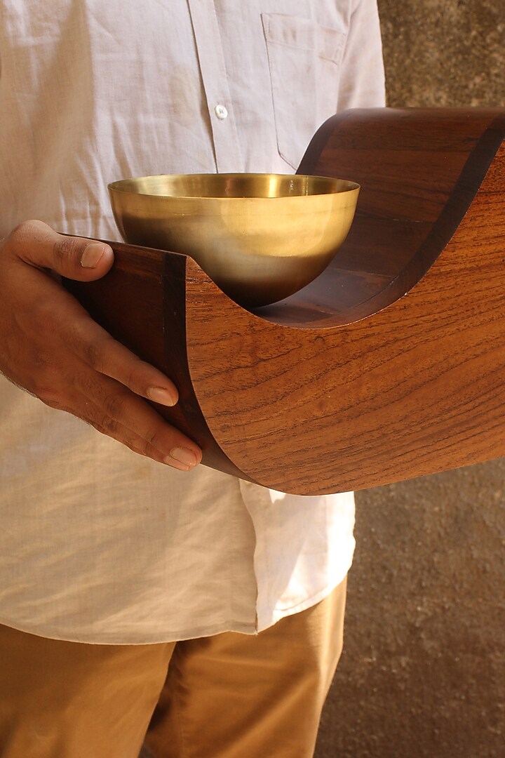 Brown Reclaimed Teak Wood & Brass Planter by Studio Indigene at Pernia's Pop Up Shop