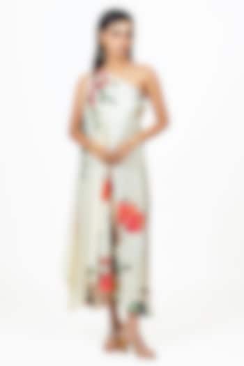 White Twill Digital Printed One Shoulder Vacation Dress by Studio 113 at Pernia's Pop Up Shop