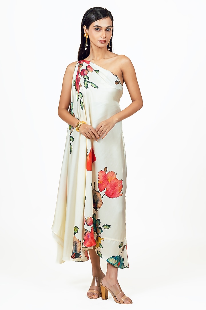 White Twill Digital Printed One Shoulder Vacation Dress by Studio 113 at Pernia's Pop Up Shop