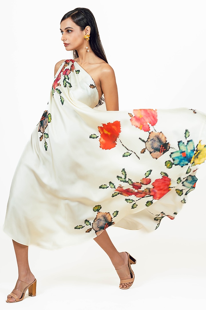 White Twill Digital Printed One Shoulder Vacation Dress by Studio 113 at Pernia's Pop Up Shop