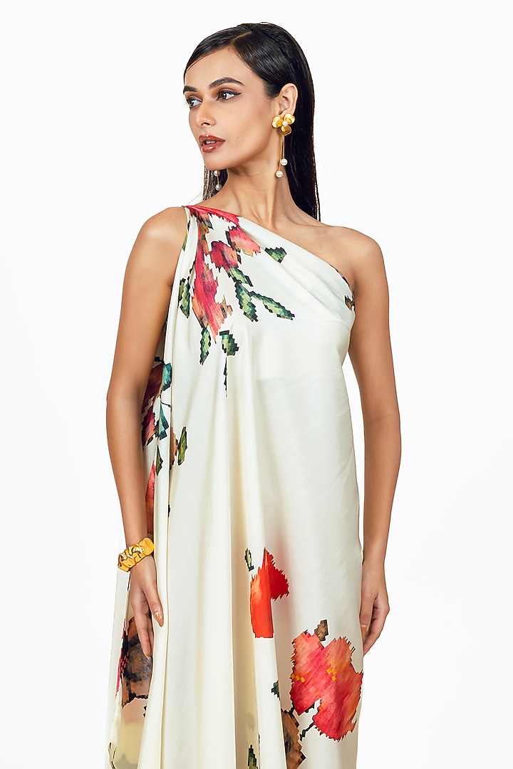 White Twill Digital Printed One Shoulder Vacation Dress by Studio 113 at Pernia's Pop Up Shop