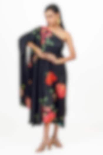 Black Twill Digital Printed One Shoulder Vacation Dress by Studio 113 at Pernia's Pop Up Shop