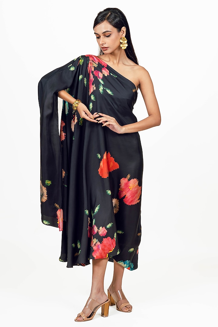 Black Twill Digital Printed One Shoulder Vacation Dress by Studio 113 at Pernia's Pop Up Shop