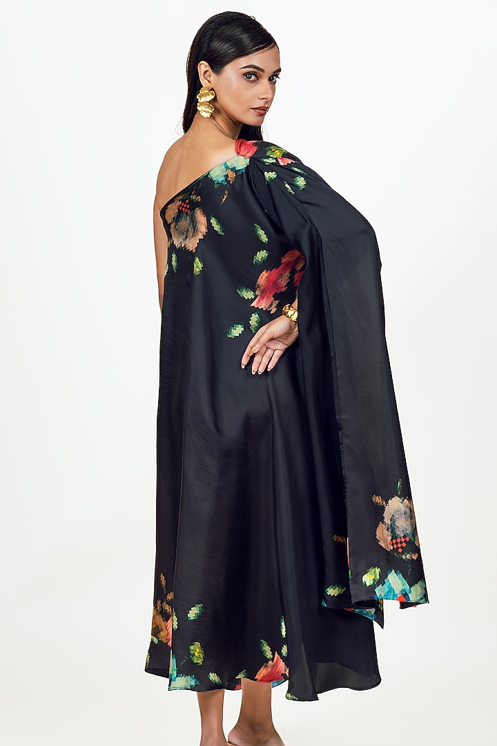 Black Twill Digital Printed One Shoulder Vacation Dress by Studio 113 at Pernia's Pop Up Shop