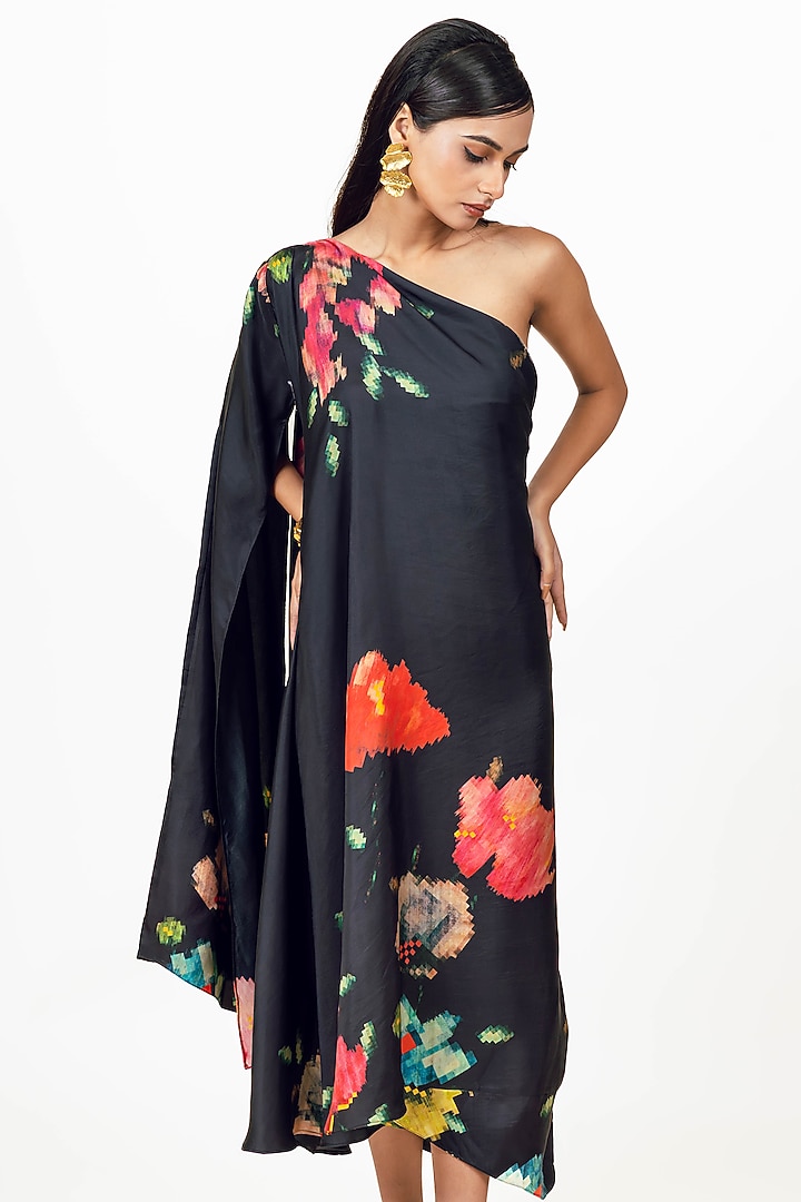 Black Twill Digital Printed One Shoulder Vacation Dress by Studio 113 at Pernia's Pop Up Shop