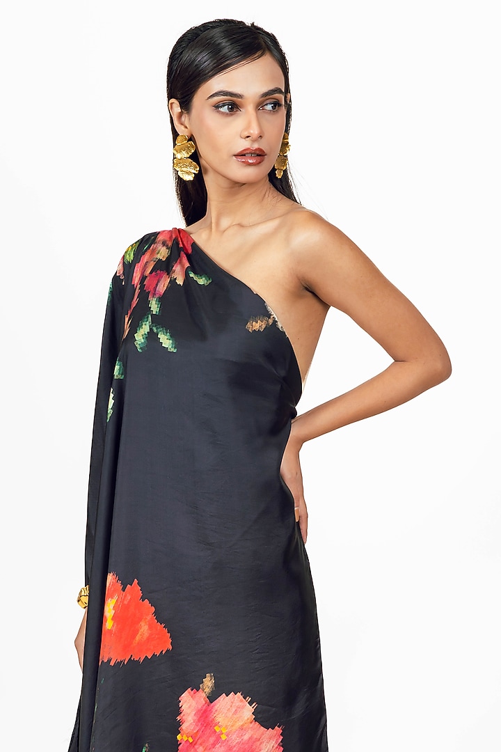 Black Twill Digital Printed One Shoulder Vacation Dress by Studio 113 at Pernia's Pop Up Shop