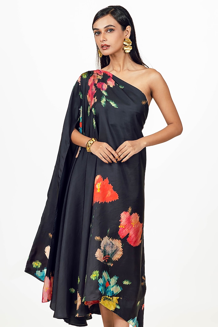 Black Twill Digital Printed One Shoulder Vacation Dress by Studio 113 at Pernia's Pop Up Shop