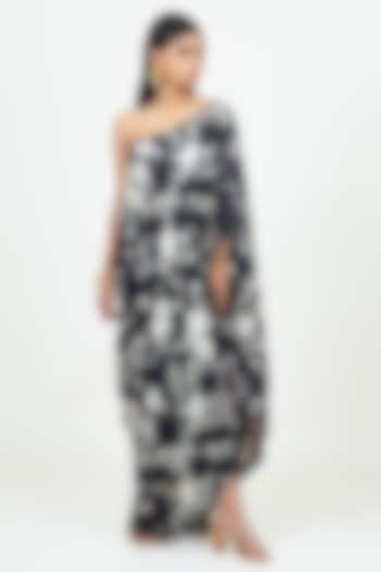Black Twill Abstract Floral Printed One Shoulder Cowl Vacation Dress by Studio 113 at Pernia's Pop Up Shop