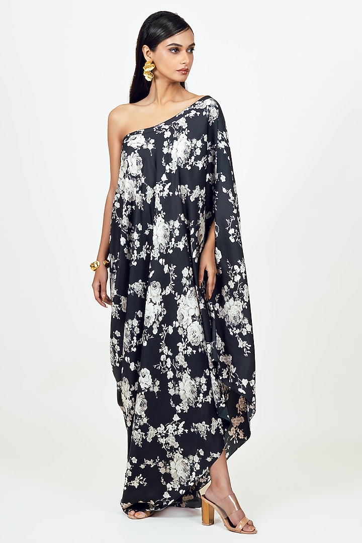 Black Twill Abstract Floral Printed One Shoulder Cowl Vacation Dress by Studio 113 at Pernia's Pop Up Shop