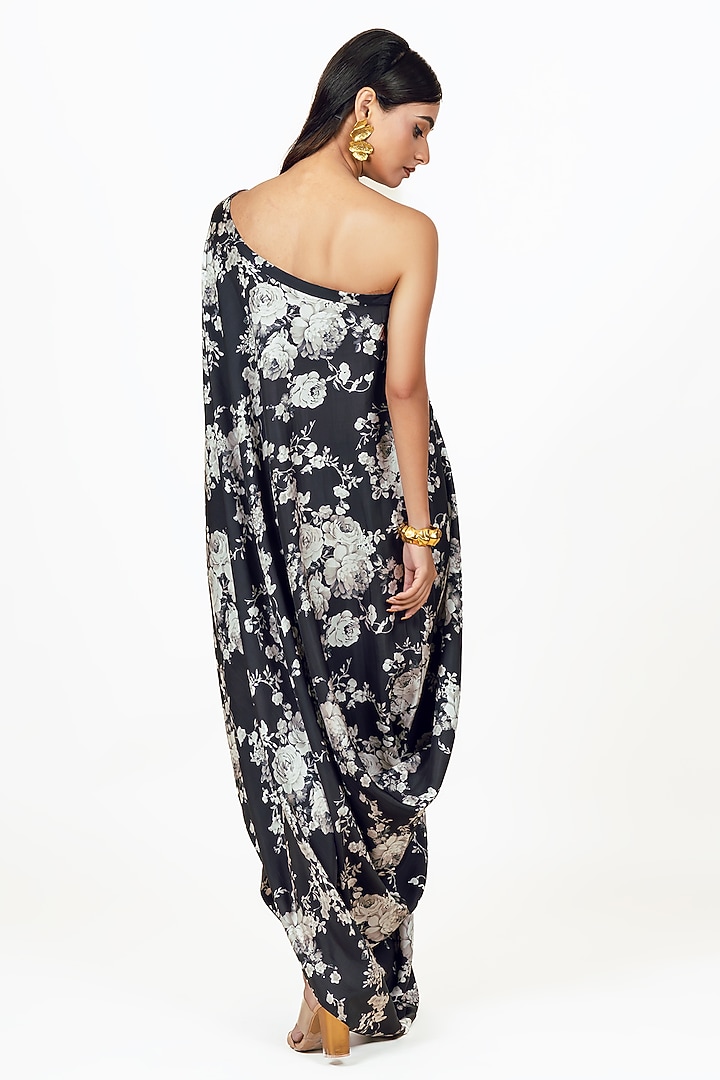 Black Twill Abstract Floral Printed One Shoulder Cowl Vacation Dress by Studio 113 at Pernia's Pop Up Shop