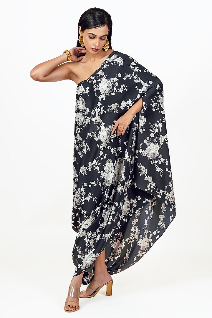 Black Twill Abstract Floral Printed One Shoulder Cowl Vacation Dress by Studio 113 at Pernia's Pop Up Shop