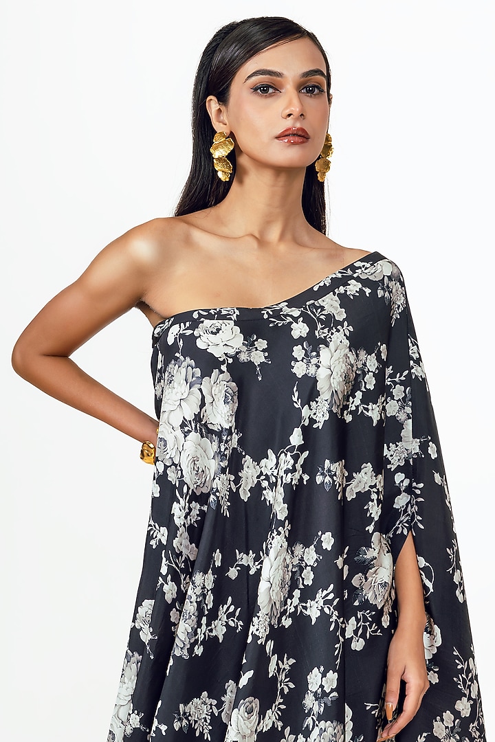 Black Twill Abstract Floral Printed One Shoulder Cowl Vacation Dress by Studio 113 at Pernia's Pop Up Shop