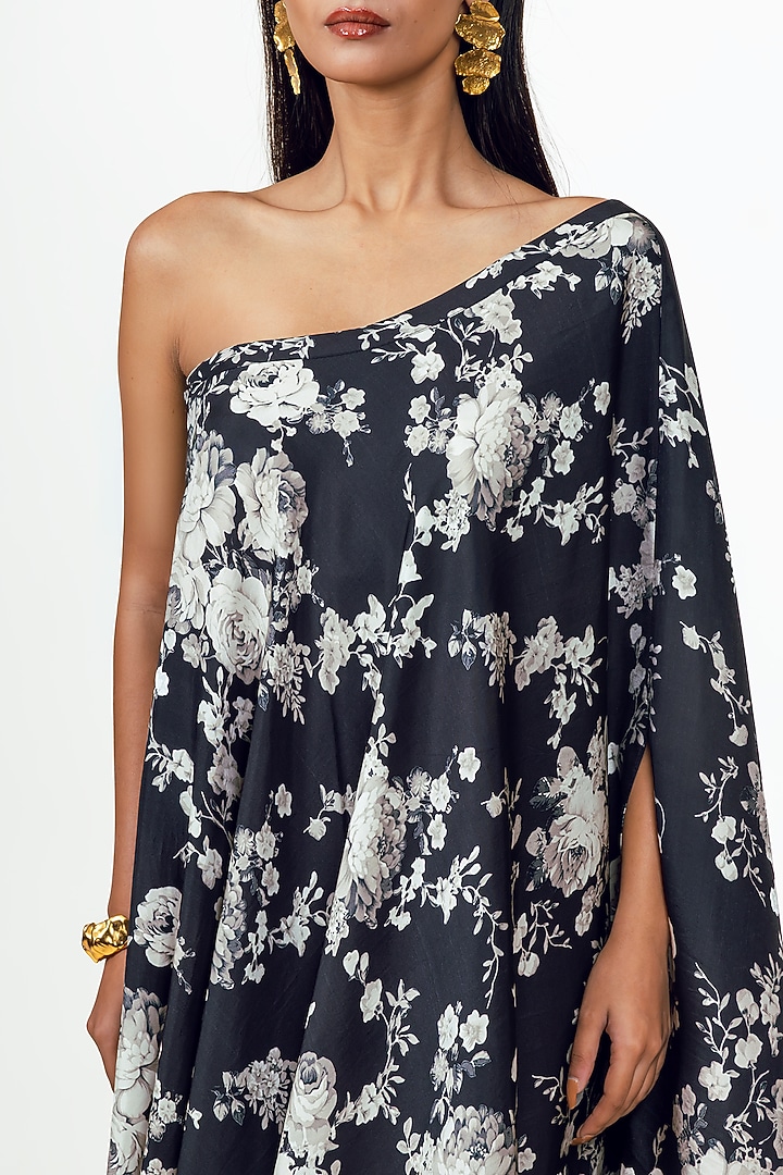 Black Twill Abstract Floral Printed One Shoulder Cowl Vacation Dress by Studio 113 at Pernia's Pop Up Shop