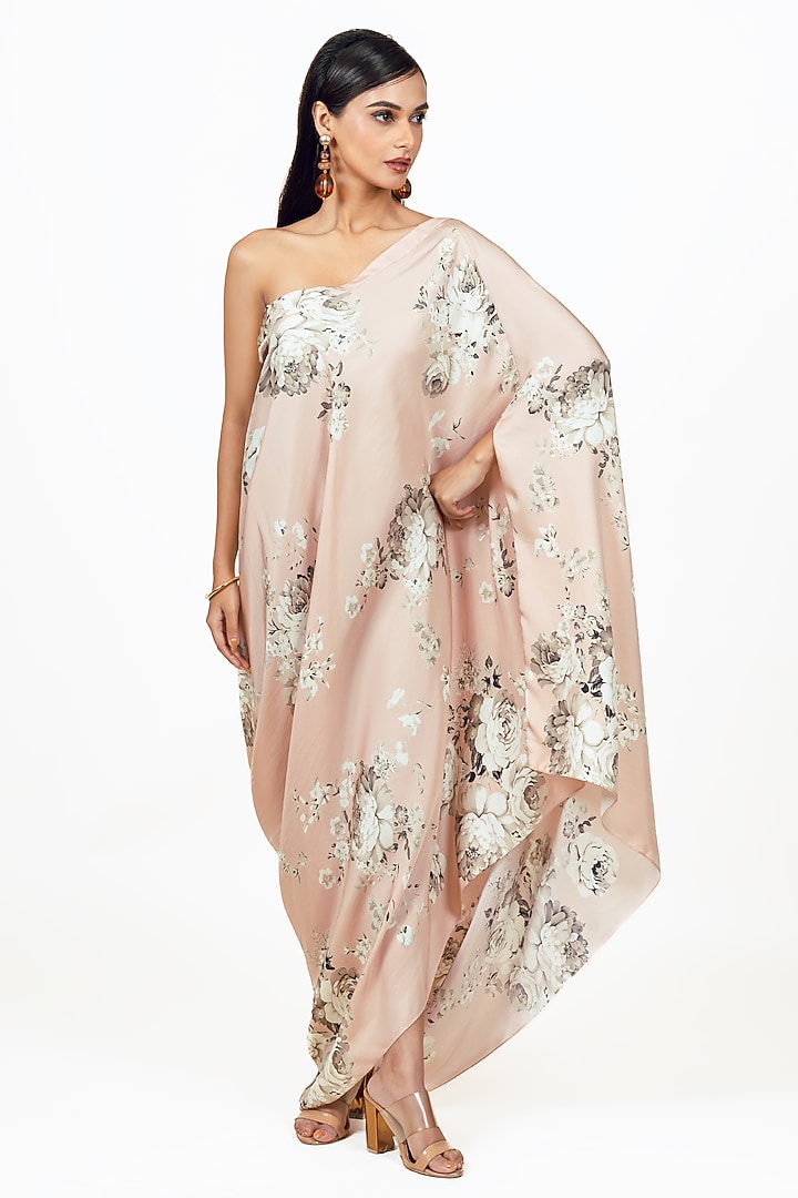 Blossom Pink Twill Abstract Floral Printed One Shoulder Cowl Vacation Dress by Studio 113 at Pernia's Pop Up Shop