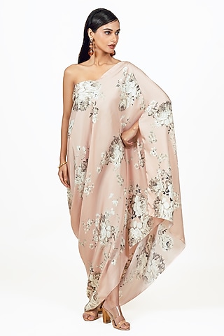 Blossom Pink Twill Abstract Floral Printed One Shoulder Cowl Dress by Studio 113