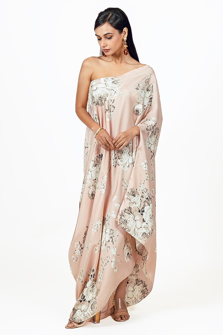 Blossom Pink Twill Abstract Floral Printed One Shoulder Cowl Vacation Dress by Studio 113 at Pernia's Pop Up Shop