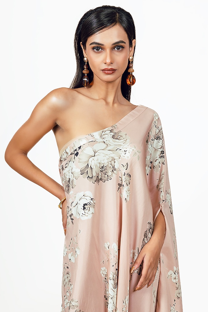 Blossom Pink Twill Abstract Floral Printed One Shoulder Cowl Vacation Dress by Studio 113 at Pernia's Pop Up Shop