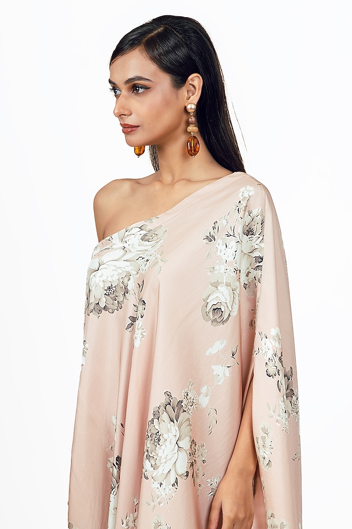 Blossom Pink Twill Abstract Floral Printed One Shoulder Cowl Vacation Dress by Studio 113 at Pernia's Pop Up Shop