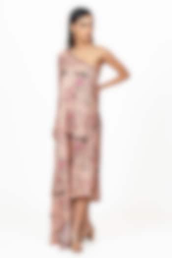 Dusty Rose Twill Peacock Chitz Printed One Shoulder Cowl Vacation Dress by Studio 113 at Pernia's Pop Up Shop