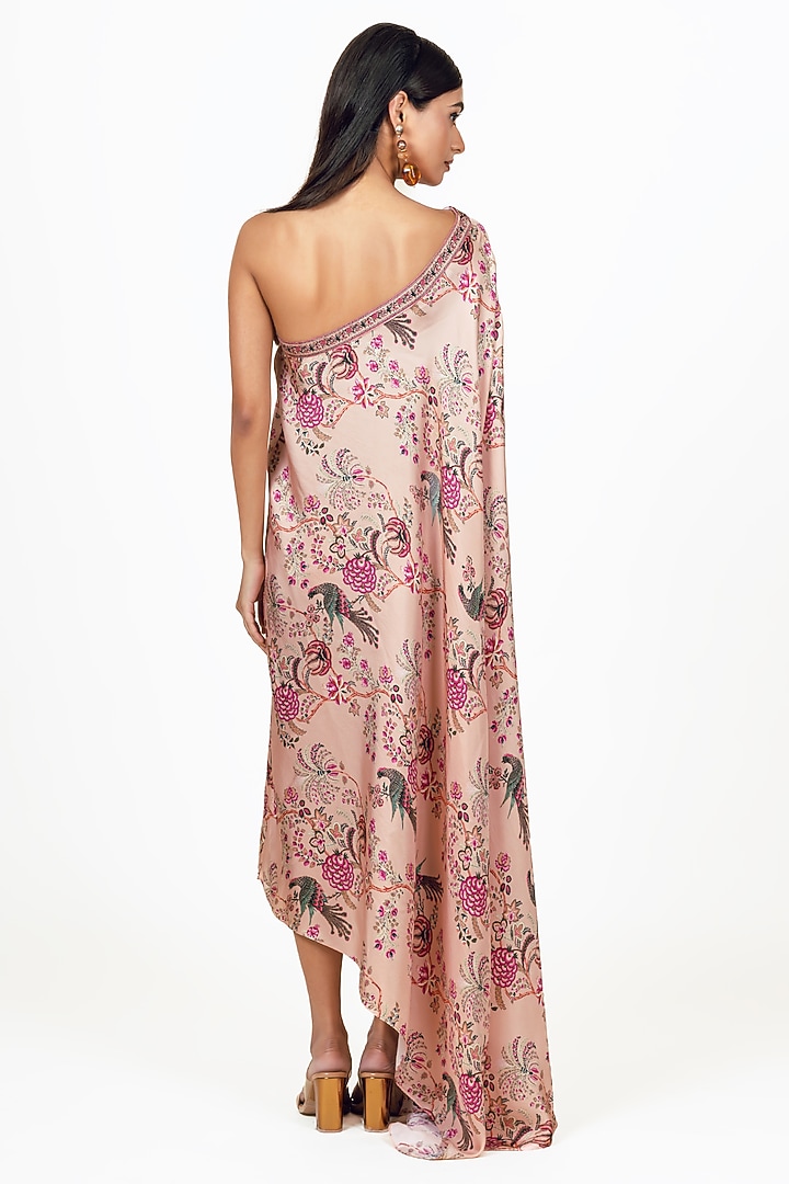 Dusty Rose Twill Peacock Chitz Printed One Shoulder Cowl Vacation Dress by Studio 113 at Pernia's Pop Up Shop