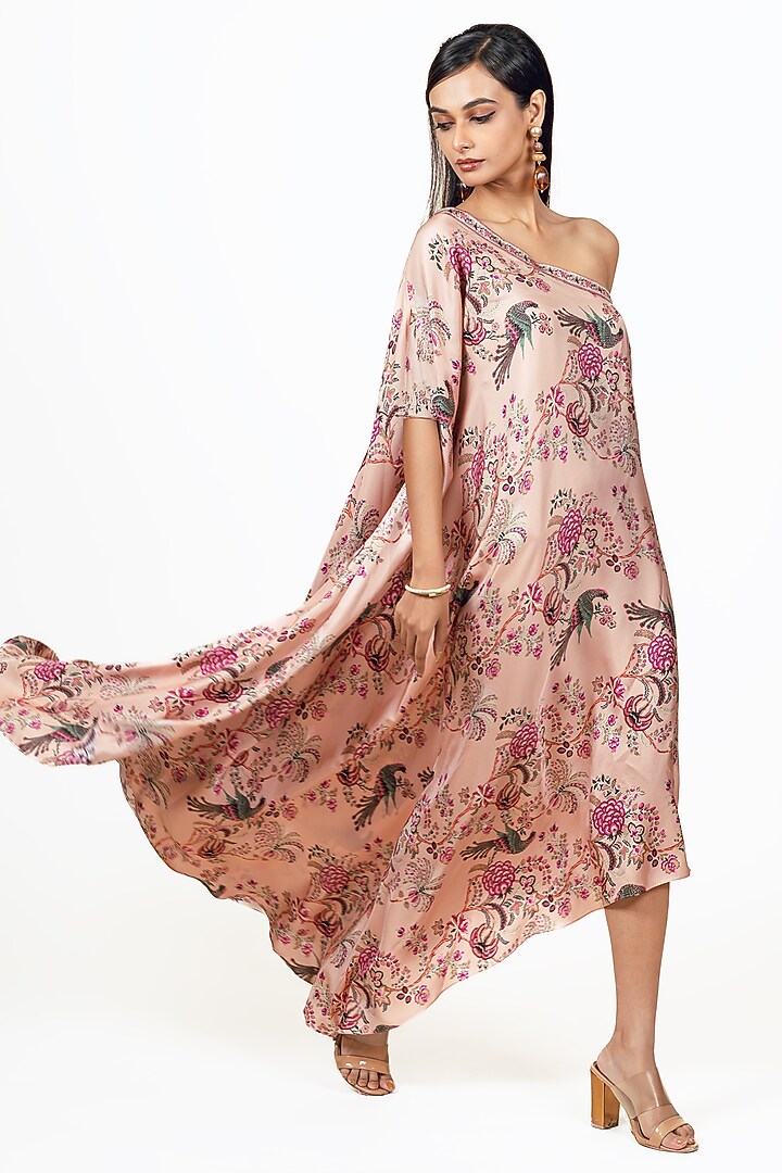 Dusty Rose Twill Peacock Chitz Printed One Shoulder Cowl Vacation Dress by Studio 113 at Pernia's Pop Up Shop