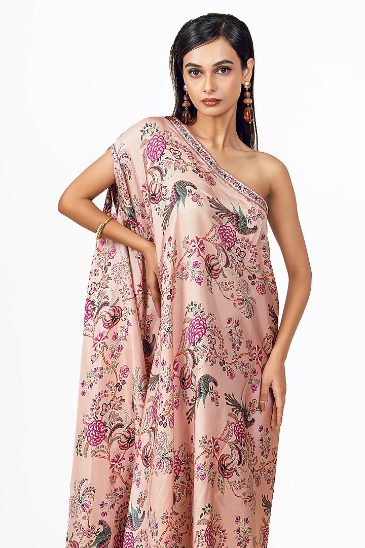 Dusty Rose Twill Peacock Chitz Printed One Shoulder Cowl Vacation Dress by Studio 113 at Pernia's Pop Up Shop