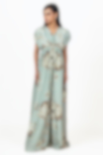 Pearl Blue Dupion Silk Abstract Floral Printed Jumpsuit by Studio 113 at Pernia's Pop Up Shop