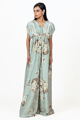 Pearl Blue Dupion Silk Abstract Floral Printed Jumpsuit by Studio 113