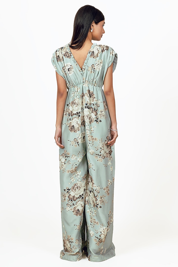 Pearl Blue Dupion Silk Abstract Floral Printed Jumpsuit by Studio 113 at Pernia's Pop Up Shop