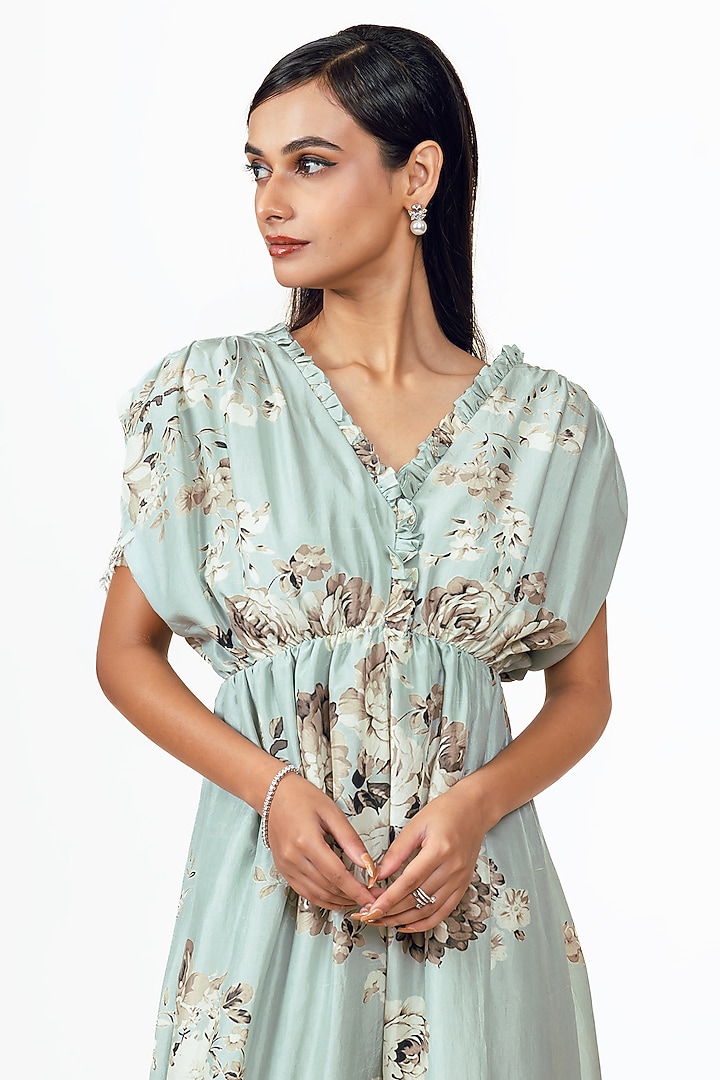 Pearl Blue Dupion Silk Abstract Floral Printed Jumpsuit by Studio 113 at Pernia's Pop Up Shop