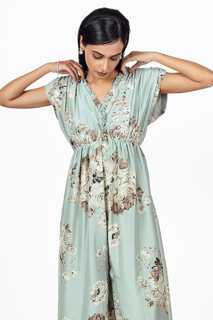 Pearl Blue Dupion Silk Abstract Floral Printed Jumpsuit by Studio 113 at Pernia's Pop Up Shop