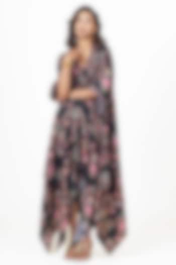 Black Twill Peacock Chitz Printed Asymmetric Midi Vacation Dress by Studio 113 at Pernia's Pop Up Shop