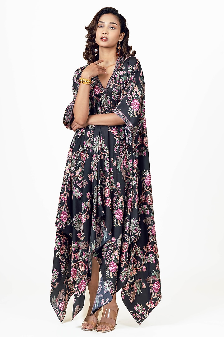 Black Twill Peacock Chitz Printed Asymmetric Midi Vacation Dress by Studio 113 at Pernia's Pop Up Shop