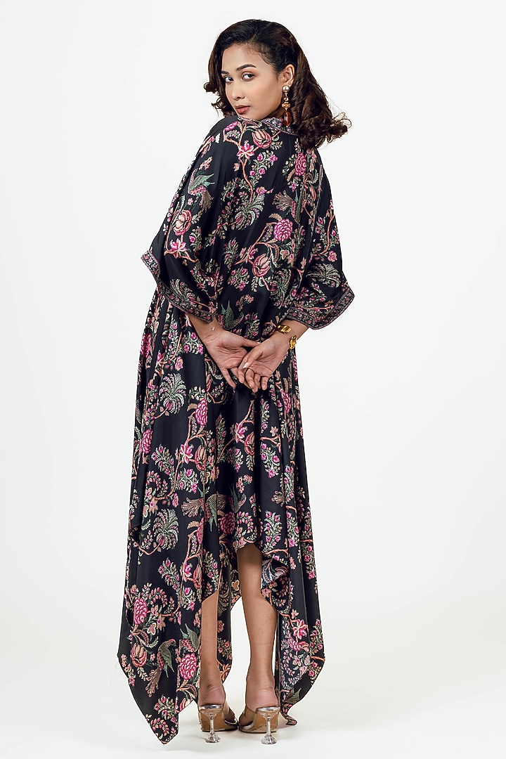 Black Twill Peacock Chitz Printed Asymmetric Midi Vacation Dress by Studio 113 at Pernia's Pop Up Shop